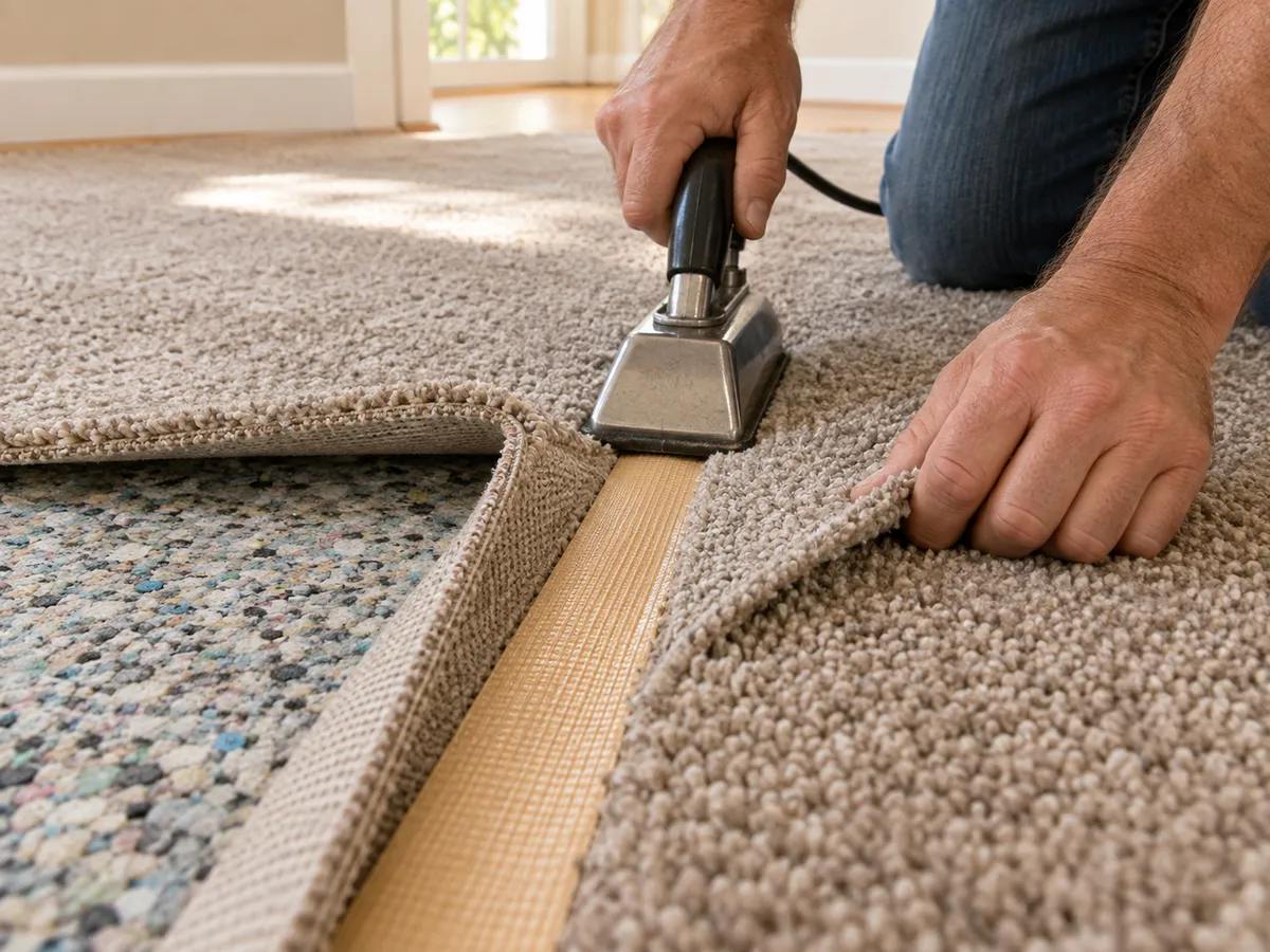 A carpet seam being joined with seaming tape
