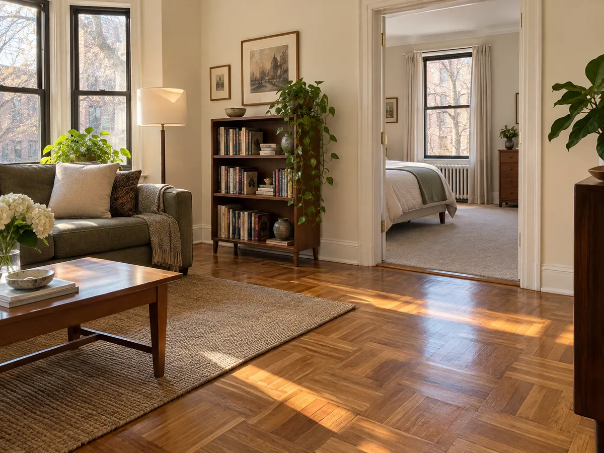 A living room in a Forest Hills co-op apartment