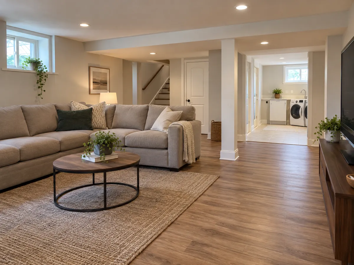 A finished basement family room in a Queens house