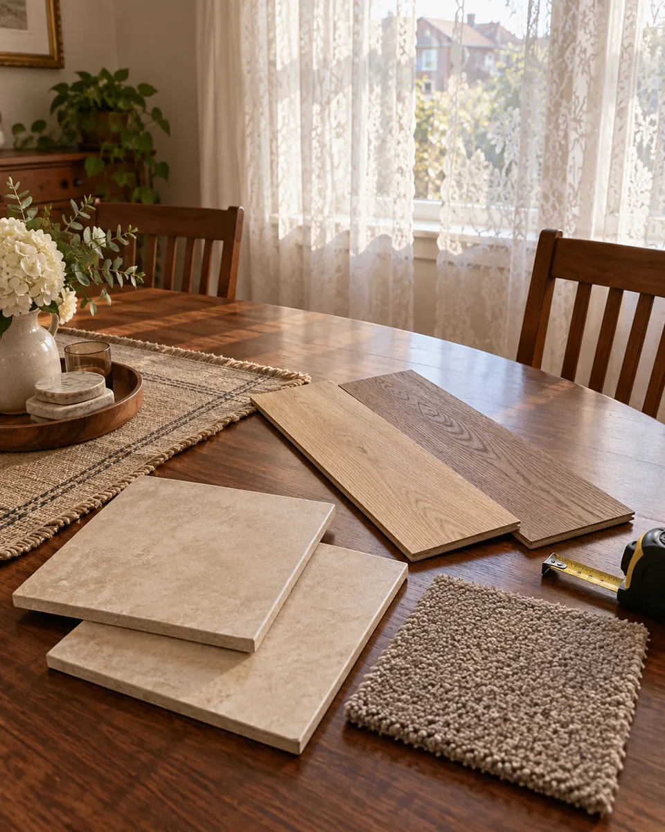 Tile, vinyl plank and carpet samples on a dining table